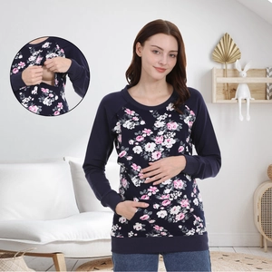 Felpa da Donna Premaman e per Allattamento a Maniche Lunghe con Stampa Floreale Blu Notte Cotone Traspirante Casual