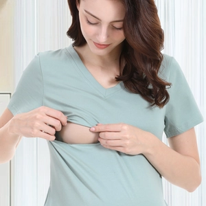 Short sleeve V-neck nursing nightdress for breastfeeding with layered cotton fabric
