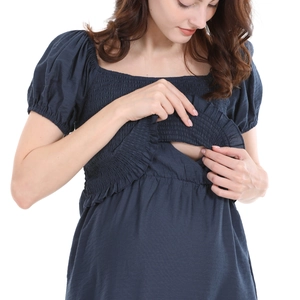 Navy blue maternity dress with square neck, puff sleeves and hidden nursing access layer