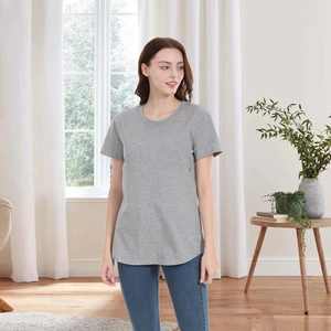 Detail of grey cotton maternity T-shirt showing hidden zipper design for easy nursing