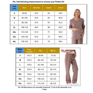 Detailed size chart for maternity long sleeve nursing set from size S to 4XL in cm