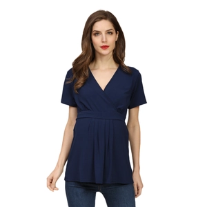 Dark blue V-neck short sleeve maternity nursing T-shirt with high-waist pleats