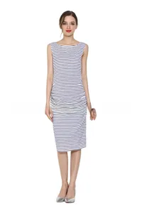 Detail of cotton maternity dress featuring black and white stripes and side rushing details