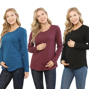 Fashionable maternity nursing top with crew neck and side openings in three colors