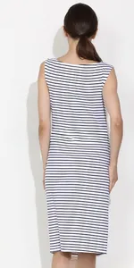 Detailed back view of a sleeveless striped cotton dress for pregnant women in white and black