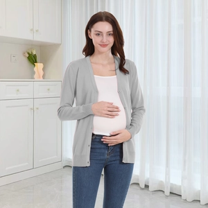 Gray V-neck maternity knit cardigan with buttons for pregnancy autumn casual wear