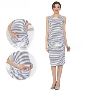 Detail view of the striped maternity dress showing elastic side ruching for belly comfort