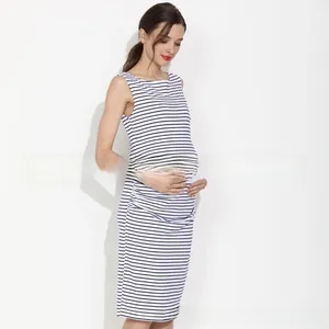 Side view of elegant maternity cotton striped sleeveless dress showing belly contour