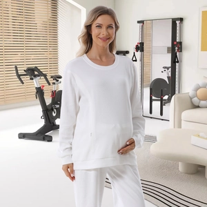 Detail of white waffle knit maternity lounge set with hidden nursing zippers