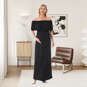 Elegante abito premaman con spalle scoperte, scollatura a balze e vita alta nero