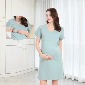 Damen V-Ausschnitt Kurzarm Umstandsmode Stillkleid Baumwollmischung Lässig Nachthemd Schwangerschaft Schlafanzug Mittellang