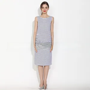 Elegant sleeveless cotton maternity dress featuring classic black and white horizontal stripes
