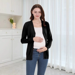 Maternity black knit cardigan with V-neck buttons and soft long sleeves for autumn style