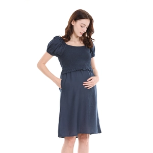 Navy blue maternity dress with puff sleeves and smocked bodice in high waist cut