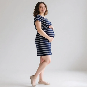 Maternity Striped Short Sleeve Dress Round Neck Cotton Blend Drawstring Waist Casual Summer Pregnancy Clothing Navy White