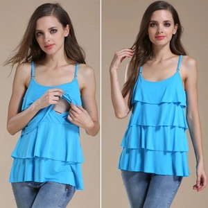 Light blue tiered maternity nursing tank top with adjustable straps and layered ruffles