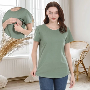 T-shirt da Allattamento da Donna in Misto Cotone Casual a Maniche Corte Girocollo Top Premaman Con Cerniera Nascosta