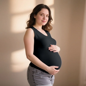 Detail of black maternity tank top featuring elastic cotton fabric and sleeveless cut