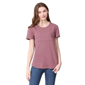 Short sleeve nursing t-shirt in dusty pink cotton with hidden horizontal zipper