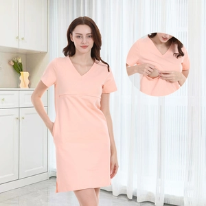 Women's Cotton V-Neck Maternity Nursing Dress Short Sleeve Hidden Breastfeeding Opening Solid Color Casual Pregnancy Midi Dress