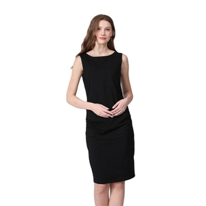 Detail of a black sleeveless maternity midi dress with a round neck in soft cotton