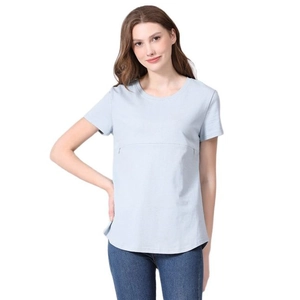 Short sleeve light blue nursing T-shirt with zipper opening for maternity and breastfeeding