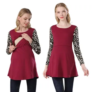 Maternity Nursing Top Long Sleeve Patchwork Striped Round Neck Breastfeeding T-Shirt For Women Comfortable Pregnancy Clothing