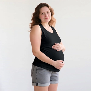 Relaxed fit maternity nursing tank top in black cotton blend with round neck for pregnancy