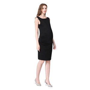 Side view of black sleeveless maternity dress with side ruching and round neckline