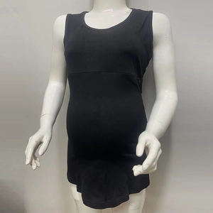 Detail of black maternity nursing top showing horizontal chest seam for breastfeeding
