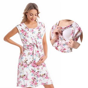 Floral Maternity Nursing Dress Cotton Blend Sleeveless V-Neck Pregnancy Clothing Fashionable Loose Floral Print Dress Women