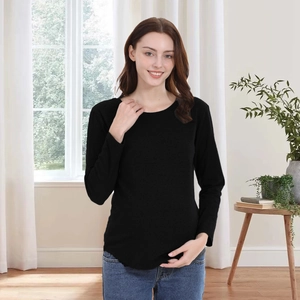 Top premaman nero in cotone a maniche lunghe con zip per allattamento e orlo arrotondato