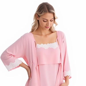 Set pigiama premaman rosa con pizzo composto da camicia da notte e vestaglia coordinata