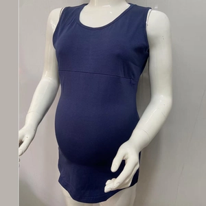 Detail of hidden horizontal nursing opening on navy blue cotton maternity tank top