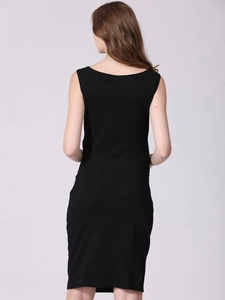 Elegant back view of a slim fit sleeveless cotton striped maxi dress for women