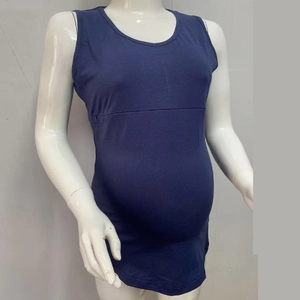 Detail of dark blue maternity nursing tank top showing round neck and nursing access