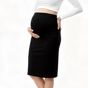 Close-up of maternity black pencil skirt with adjustable high waist elastic band