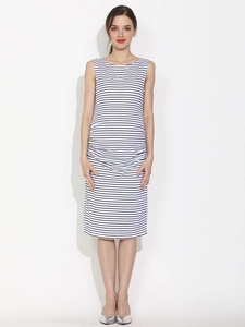 Elegant sleeveless cotton maternity midi dress with black and white stripes for women
