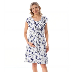 Floral maternity dress in white cotton with V-neck and nursing layer for pregnancy