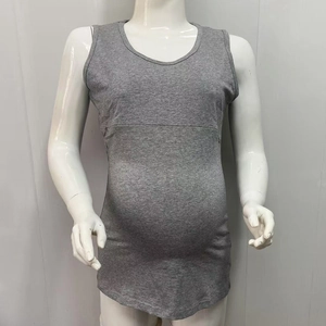 Detail view of heather grey cotton nursing tank top with round neck and maternity fit