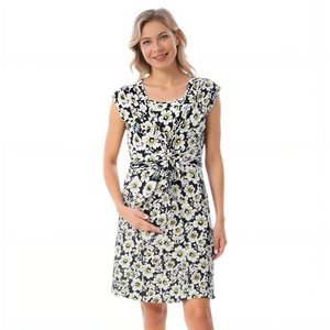 Detail of V-neck knot and floral pattern on summer cotton nursing dress for pregnancy