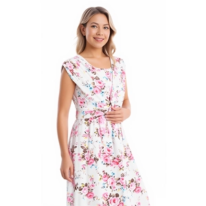 Detail of floral summer maternity dress showing pink flower print and waist knot design