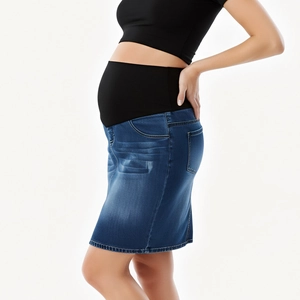 Jupe en jean de grossesse avec bandeau de soutien du ventre réglable bleu denim