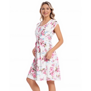 Detail of pink floral print on white cotton maternity dress with elastic waist