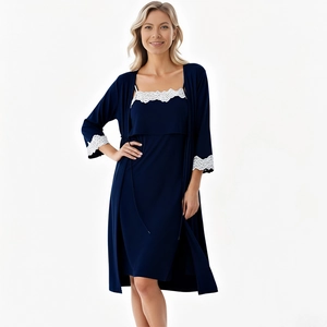 Set pigiama premaman blu scuro con pizzo, camicia da notte a bretelle e vestaglia