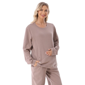 Maternity nursing loungewear set with waffle knit texture and long sleeve top in brown