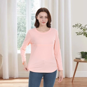T-shirt d'allaitement rose en coton à manches longues avec fermeture éclair invisible