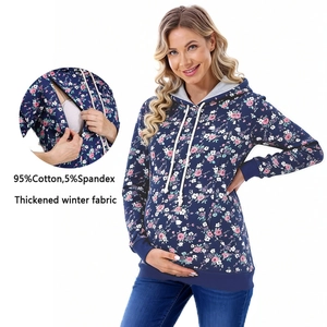 Women's Floral Nursing Hoodie Long Sleeve Hooded Maternity Sweatshirt Winter Thickened Cotton Blend Top For Breastfeeding