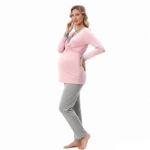 Ensemble pyjama de maternité rose à col en V avec taille élastique et leggings gris confort
