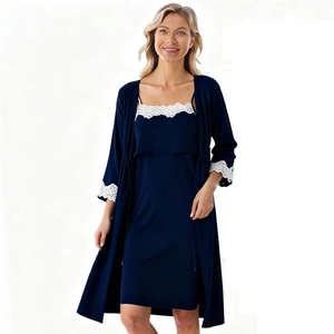 Detail of navy maternity pajama set featuring elegant white lace trim on the robe and dress